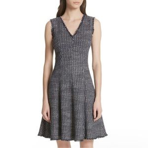 Rebecca Taylor Tweed Fray Trimmed V-Neck Sleeveless A-Line Dress in Navy Size 2